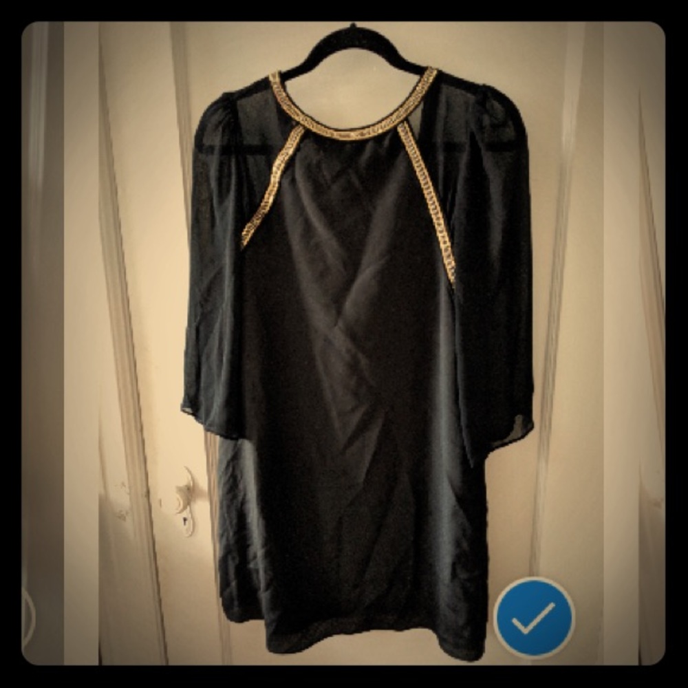 NWT BCBG Black Chiffon Sleeved Mini w/ Gold Trim